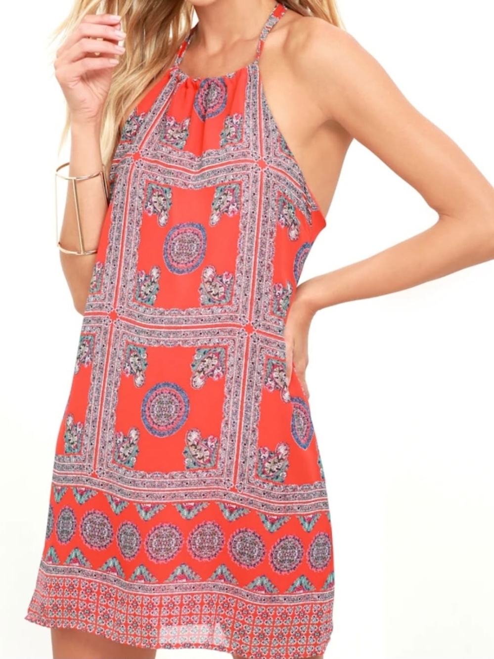 😍Lulu's Coral Red Print.Medallion Halter Mini Dress Size Small